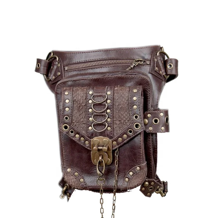 
Steampunk Waist Belt Bag Shoulder Gothic Black PU Leather crossbody Outdoor Motorcycling Biker Tactical Bag 