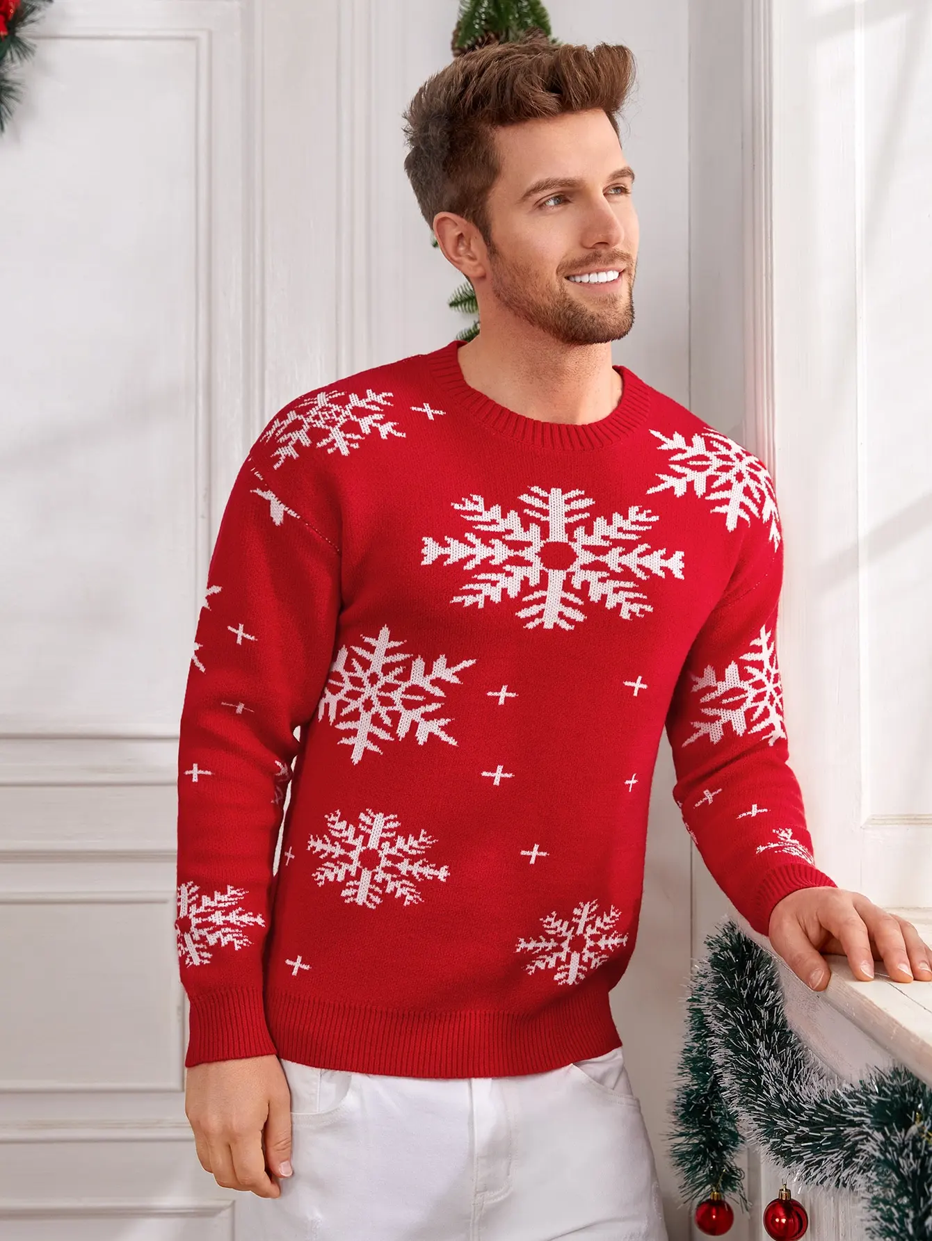 Customized Winter Red Christmas Knit Sweater Round Neck Long Sleeve Jacquard Men Snowflake Pattern Sweater