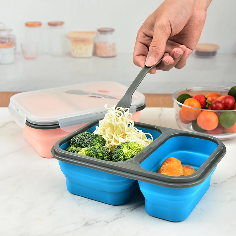 New Foldable Portable 2 Components Silicone Bento Box Durable Convenient Use Lunch Box Vegetables Fruits Storage Container