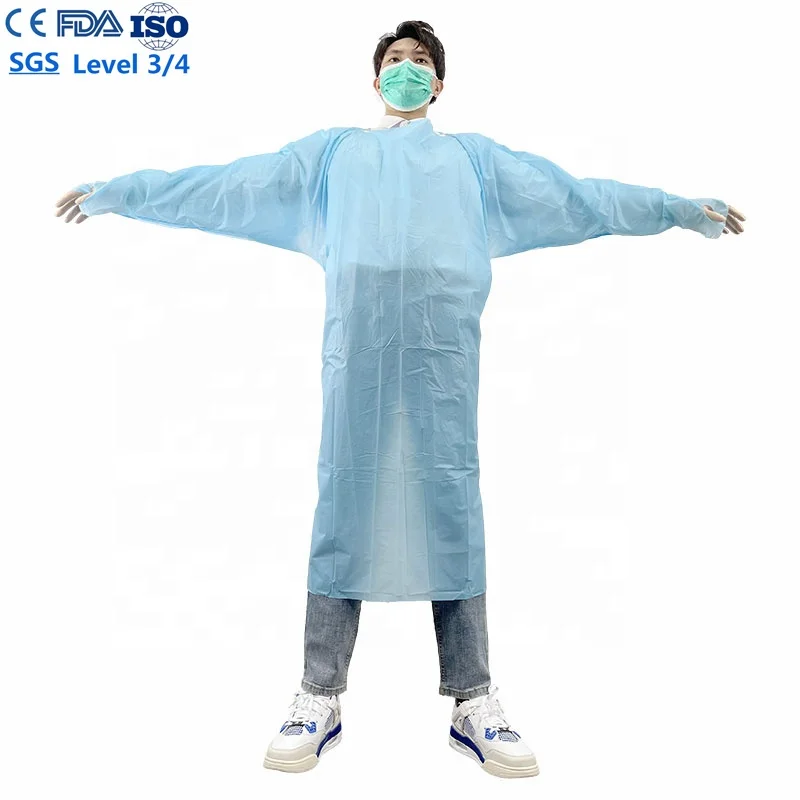 Factory Wholesale ASTM F1670 disposable CPE gown with tumb loop 510K blue apron dentist for Hospitals