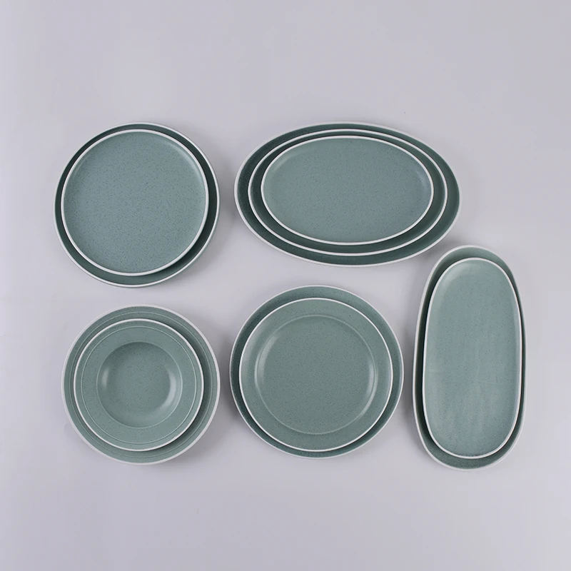 Green Glaze Ceramic Plato Raised Rim Flat Chef Dish 8 inch Serving Platter Fine Dining Restaurant Porcelain Dinner Plate