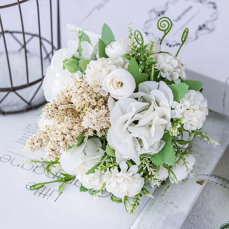 A966 Wedding Party Small Artificial Rose Flower Bunch White Mini Peony Hydrangea Flower Bouquet For Table Centerpiece Decoration