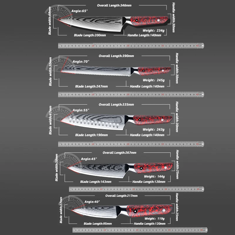 Professional Damascus Carbon Stainless Steel Blade Kitchen Knife Set Chef Utility Knife Set with Resin and Carbon Fiber Handle
