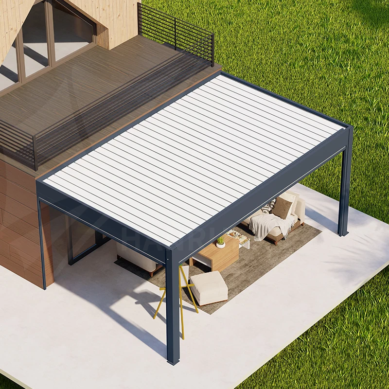 custom-made aluminum pergolas with adjustable louvers with motorized zip track side curtain for garden