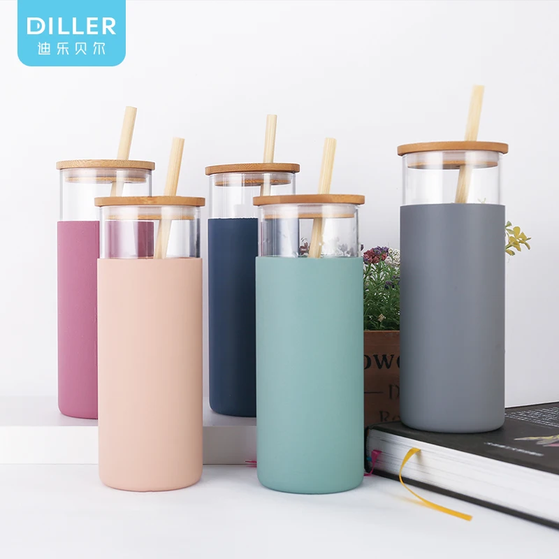 bamboo lid eco friendly borosilicate glass water bottle with straw 500ml