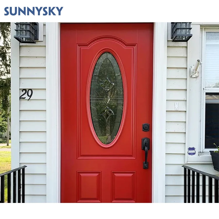 Sunnysky design Flush Design Open-pore Finish American Red Oak Solid Wooden Exterior Front Entry Door For Houses
