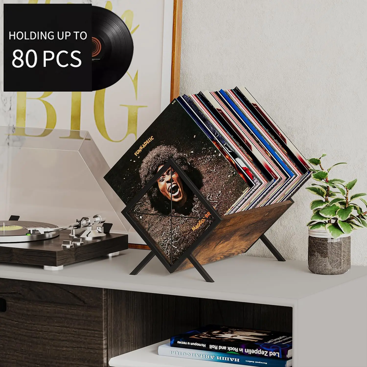 Multifunctional wooden and metal magazine and record rack - a must-have for modern home storage.