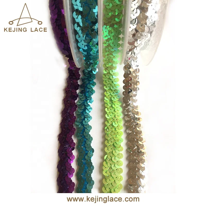 RPET Shiny Sequin Lace Trim Ribbon for Festival Christmas Decoration Dancing Dresses Wholesale Crochet Stretch Sequin Lace