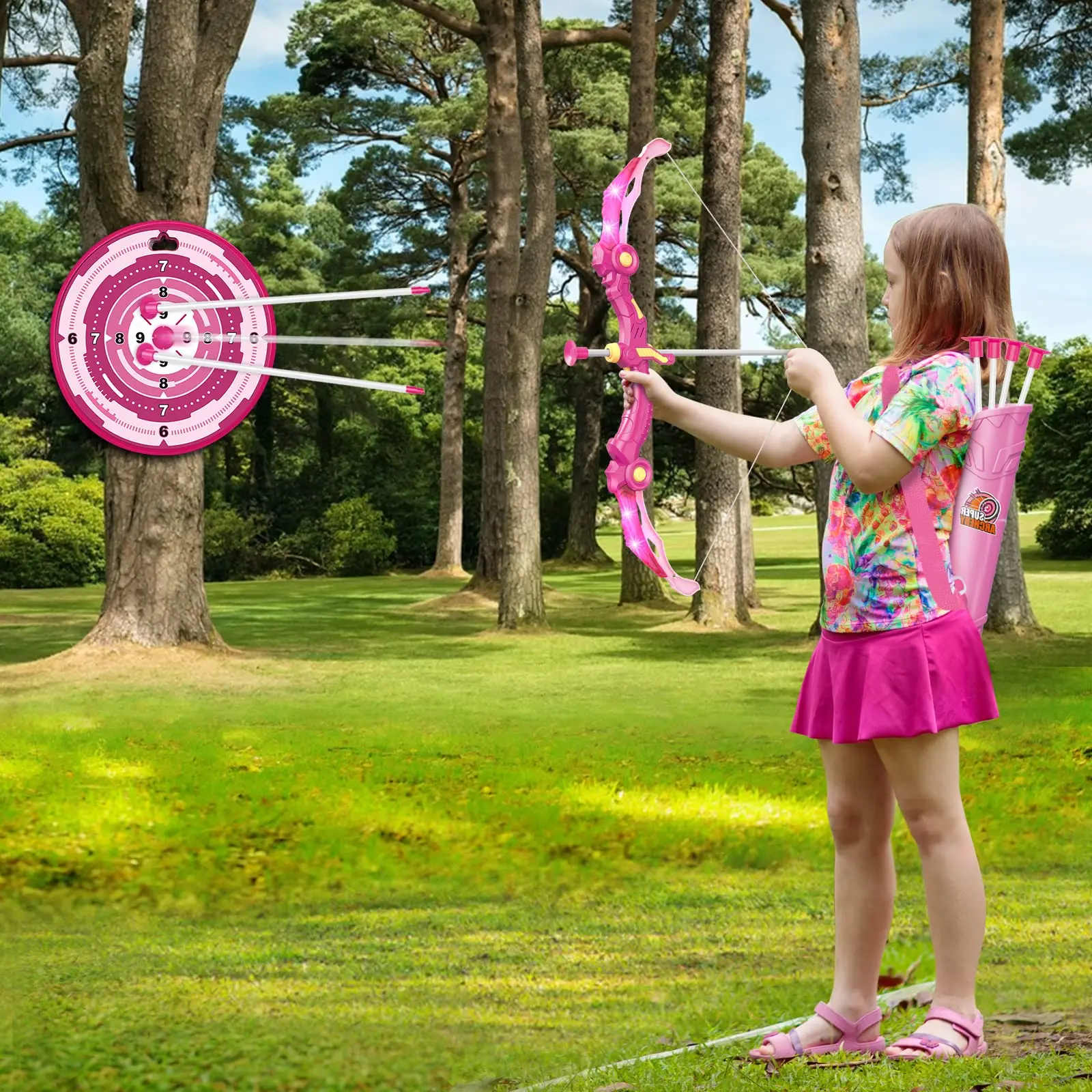 Archery Set Bow and Arrow Toys with LED Flash Lights for Kids Girls Indoor Outdoor Activity with 10 Suction Cup Quiver & Target