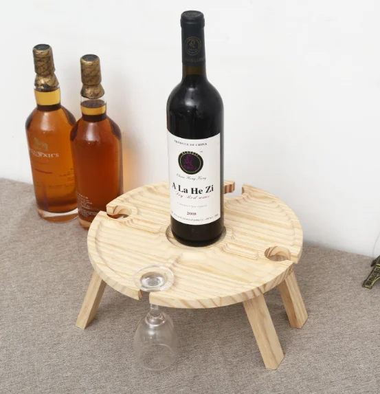 Hot sell Portable Wine Picnic Table with Bottle and Glass Holder Foldable Bamboo Table Wood Serving Tray