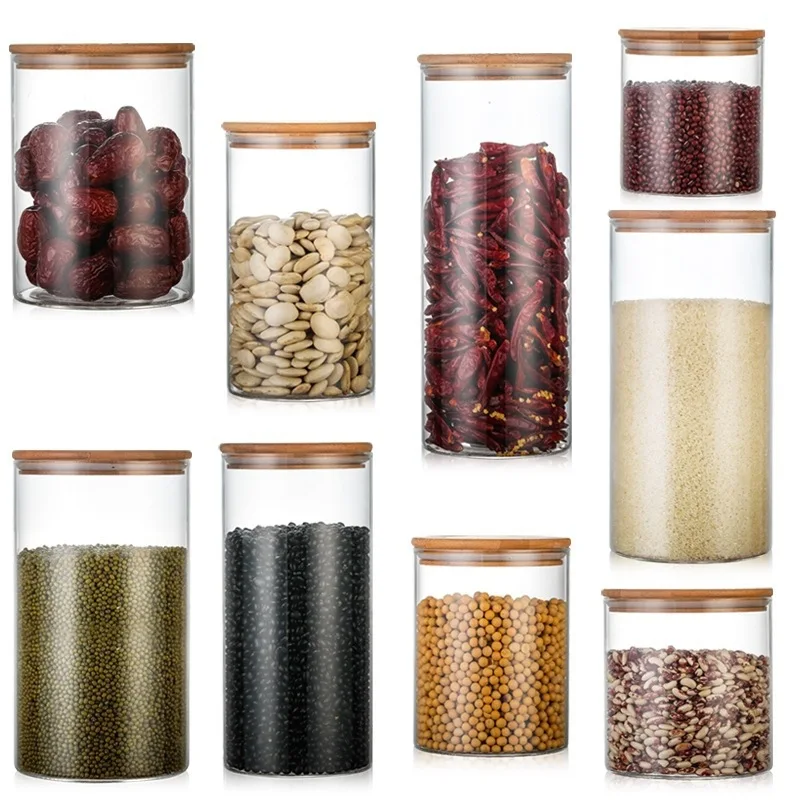Kitchen Bamboo and Wood Stopper Glass Sealed Jar Glass Straight Canister Tea Seal Pot Candy Storage Jar Clear Airtight Canister