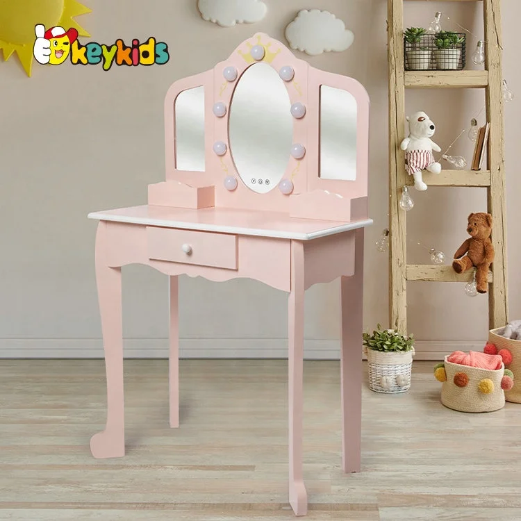 Most popular girls pink wooden dressing table with LED mirror W08H193