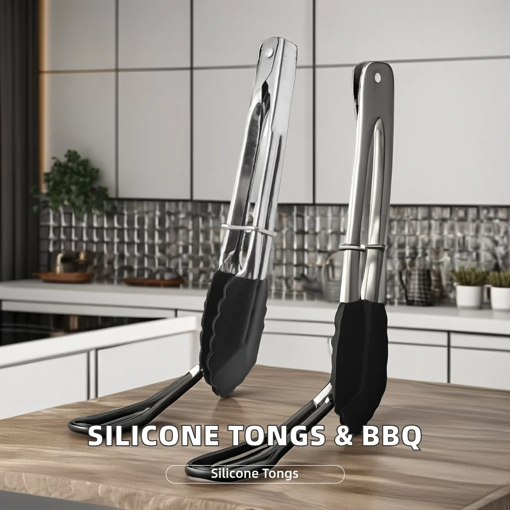 Food Grade Silicone Tongs with Stainless Steel Handle for Serving Salad Bread BBQ Essential Kitchen Tools for Home Use