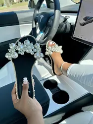 2021 wholesale pearl shoes plus size neon yellow slide outdoor pearl diamond rhinestone flat slipper sandals for women