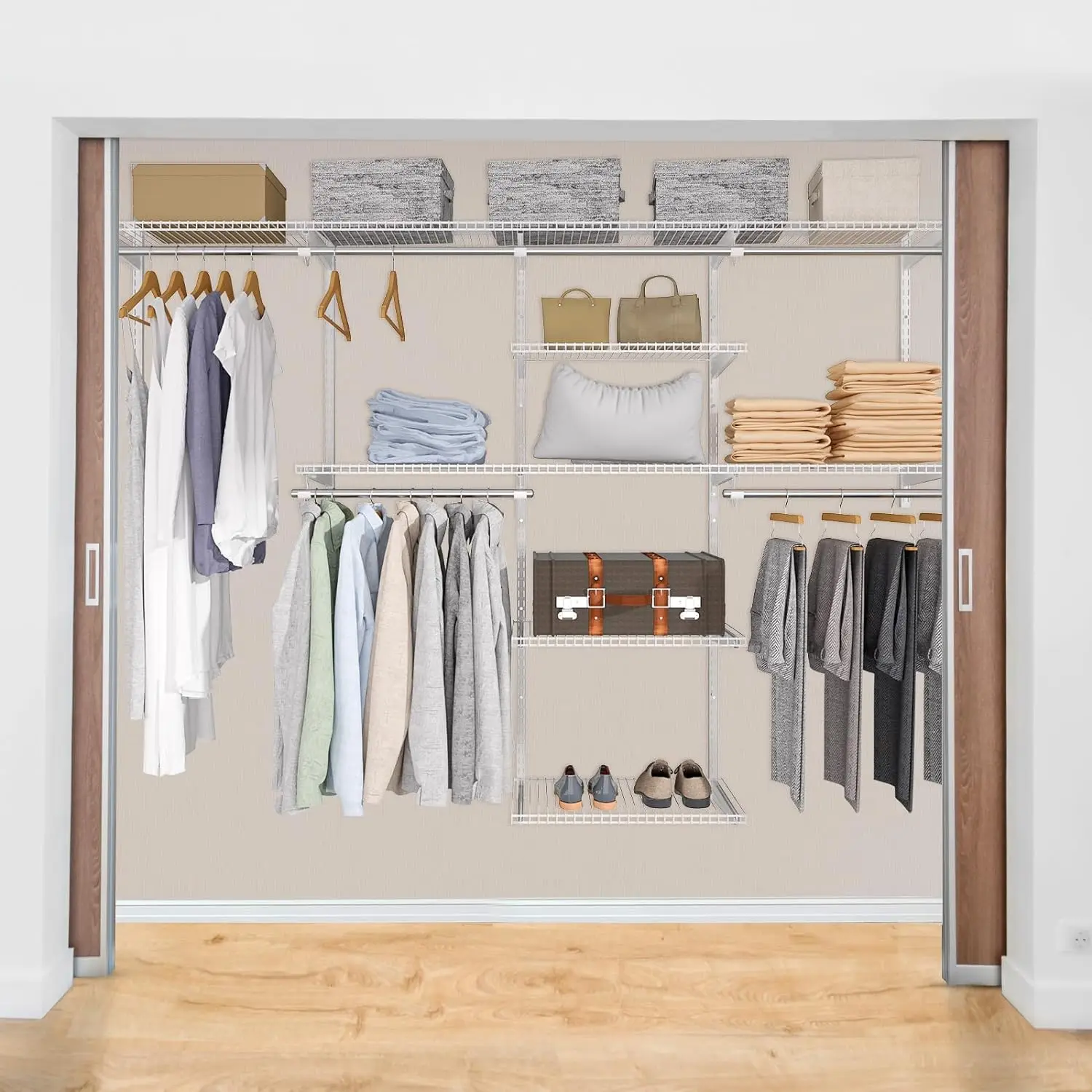 Wall Mounted 4-8 Feet Adjustable & Expandable Metal Wardrobe Walking Wire Hanging Clothes Rack Open Closet Storage Organization