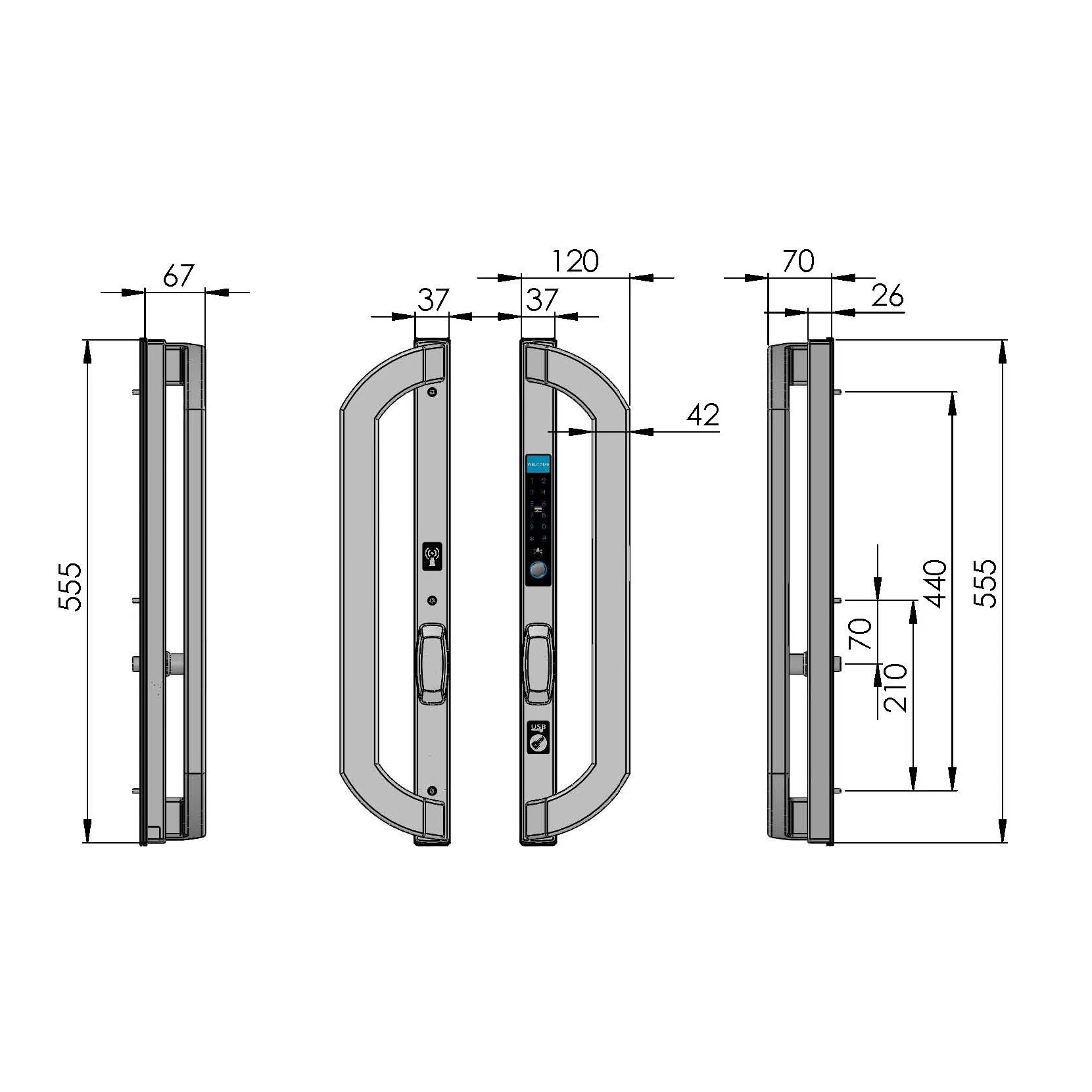 
IP65 Waterproof outdoor Narrow Aluminum Fingerprint Lock for Tempered Glass Bifold Door 