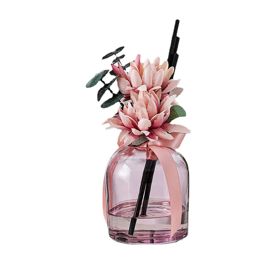 Luxury Custom Long Lasting Fragrance 200ml Green Pink Glass Bottle Air Freshener Reed diffuser with Rattan Sticks