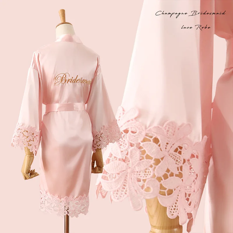 Summer Lace Sleepwear bride maid Wedding Women Casual Home Night Dress M L XL XLL Robe Gown Solid Embroidery Kimono Bathr