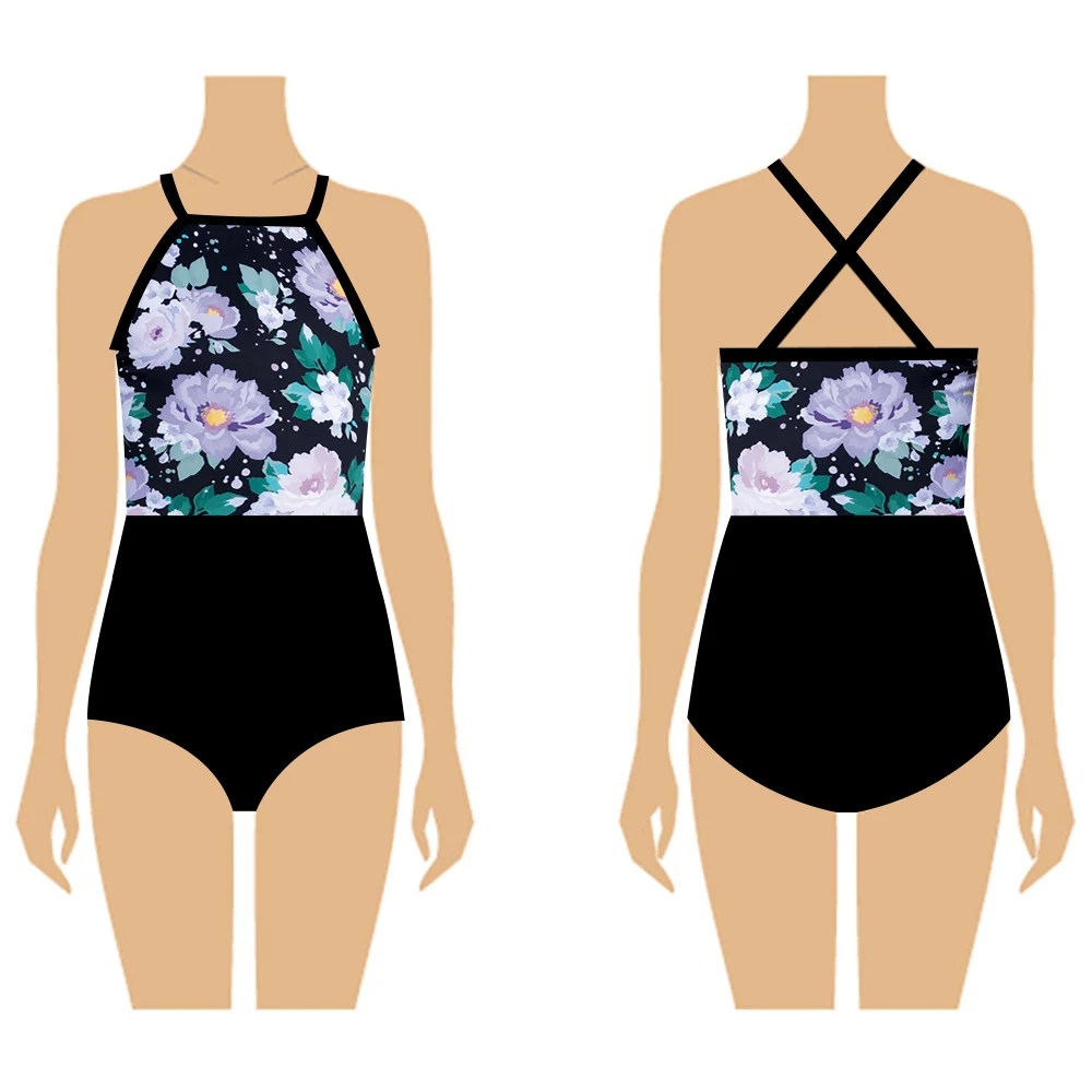 Wholesale Ballerina Costumes Floral Printing Class Wear Kids Training Dancewear Girls Camisole Crisscross Ballet Dance Leotard