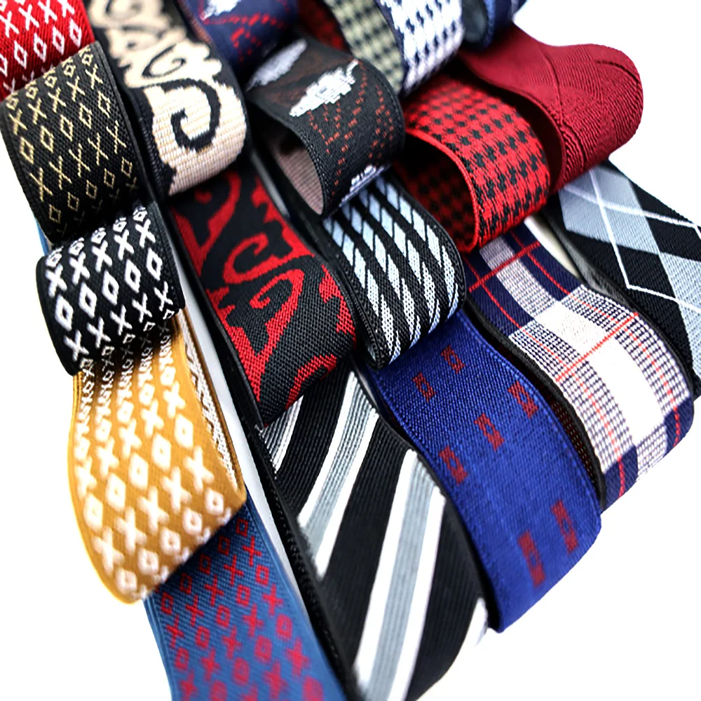 Factory wholesale price custom 35mm colorful patterned jacquard elastic for suspender pants belt elastic hat strap