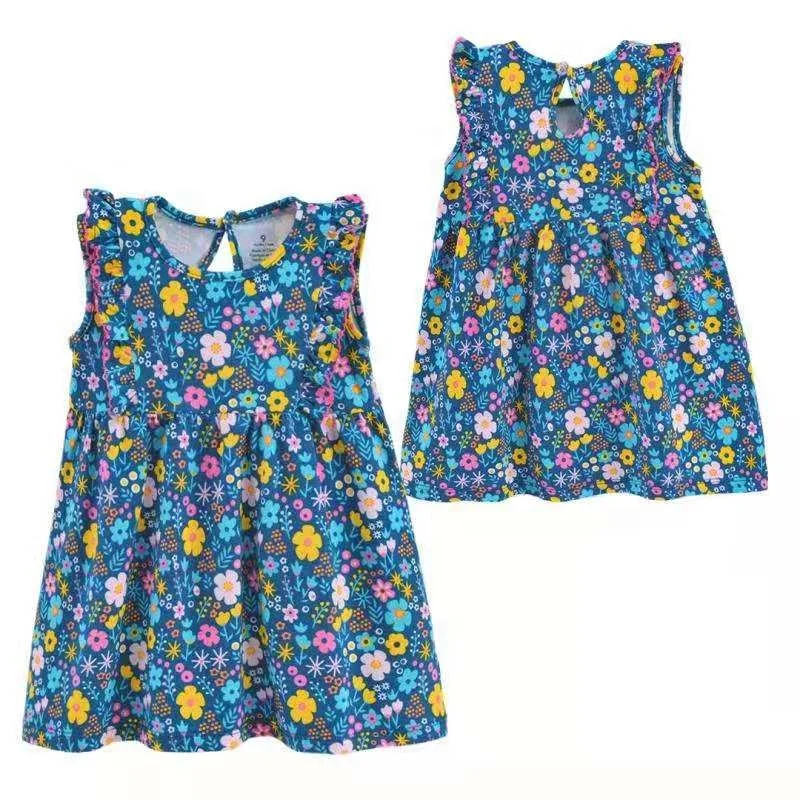 High quality summer ruffle shoulder floral casual lovely party cotton girl baby dresses