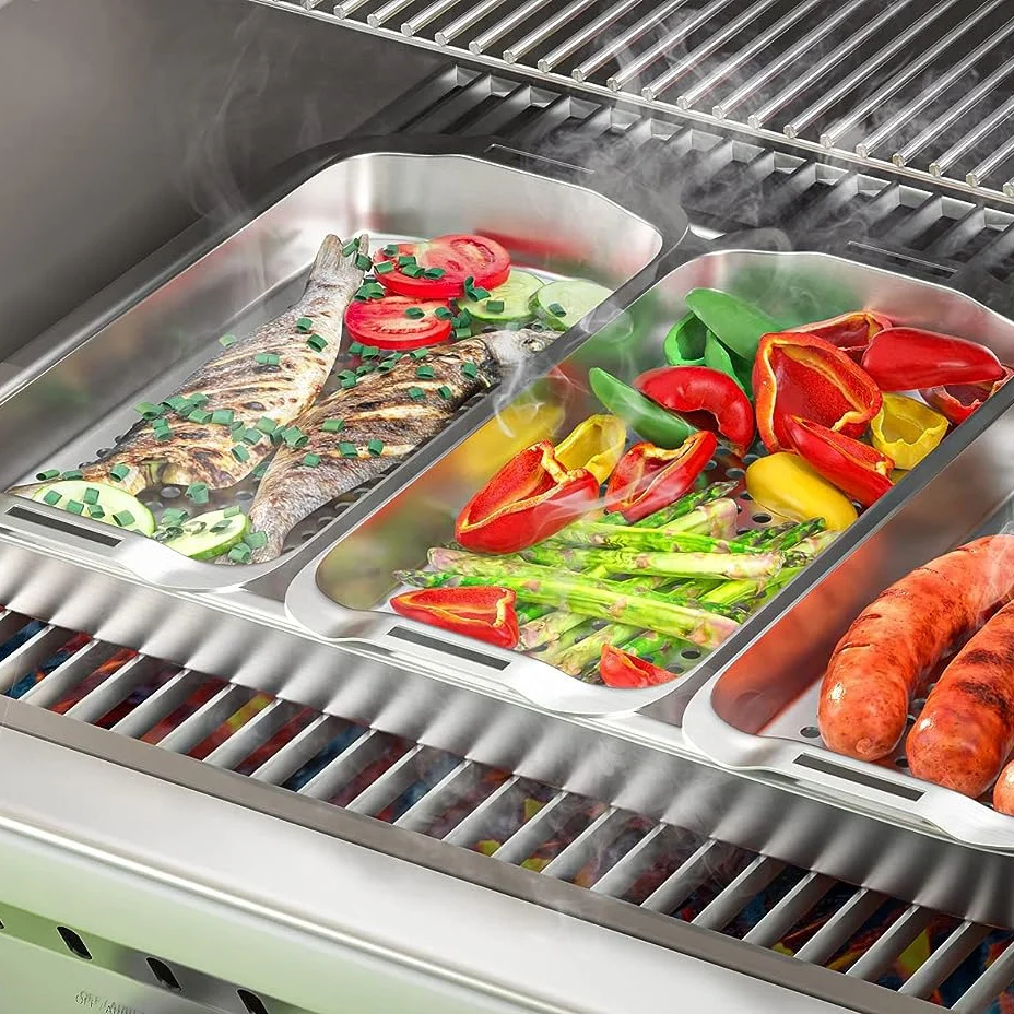 Latest New 3 In 1 Stainless Steel Grill Basket Set Serving Tray for Fish and Vegetable
