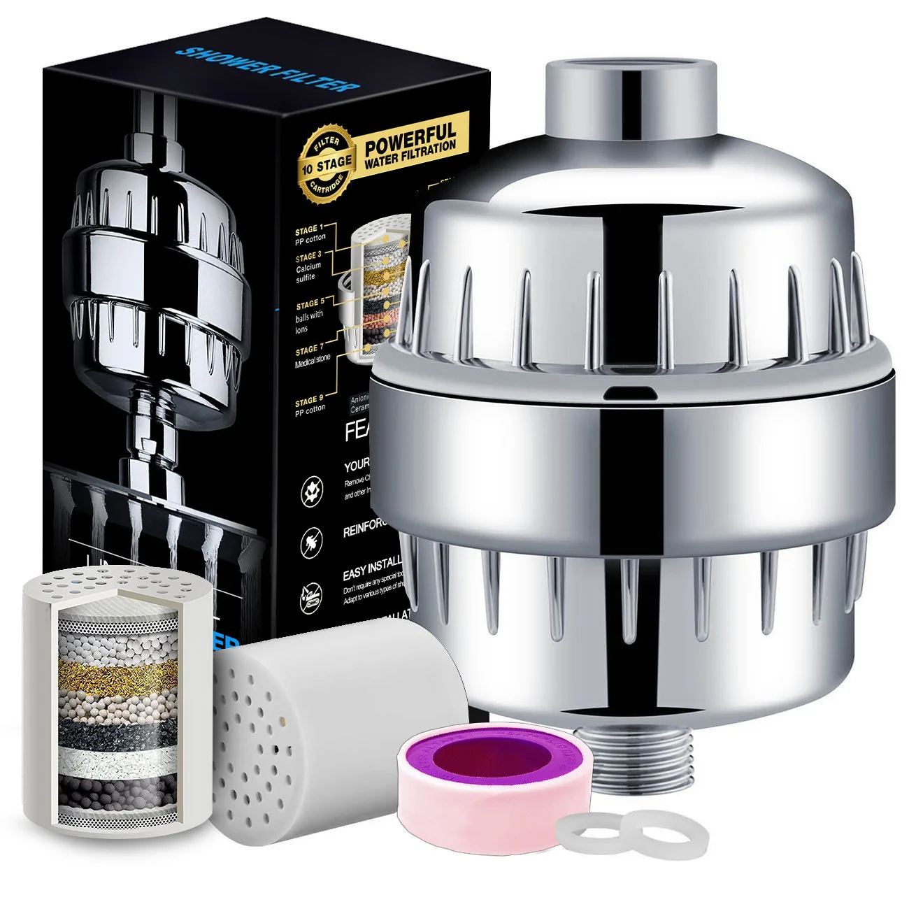 New Shower Head Filter Hard Water Softener Chlorine Removal Cotton 10-15 17 Shower Filter with VC and PP Color Box Manual ABS+SS