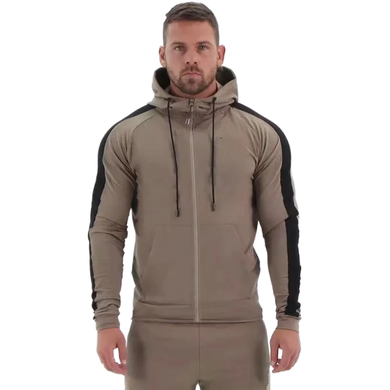
BBQZD13 Khaki Yoga custom logo men plus size comfortable sportswear zipper jacket jogging suit gym running fitness hoodie 