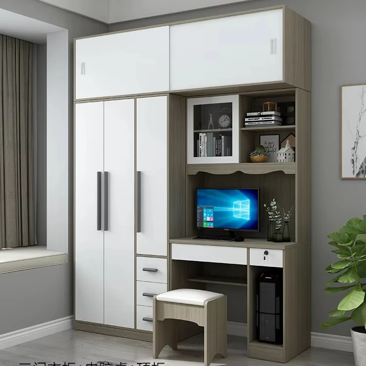Modern simple wardrobe bookcase one combination of two three-door bedroom cabinet conjoined computer learning desk cabinet