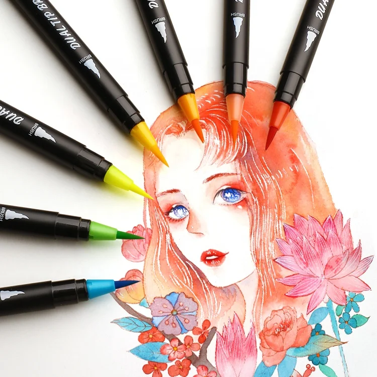 
24 Colors+2 Blending Brush Dual Tip Black Brush Pen Paint Art Marker Watercolor Calligraphy Brush Pen 