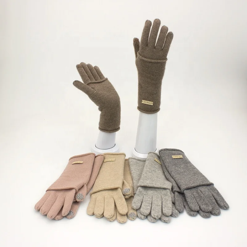 Winter warm pure cashmere ladies double layer smart touch screen knitted gloves wool cashmere gloves
