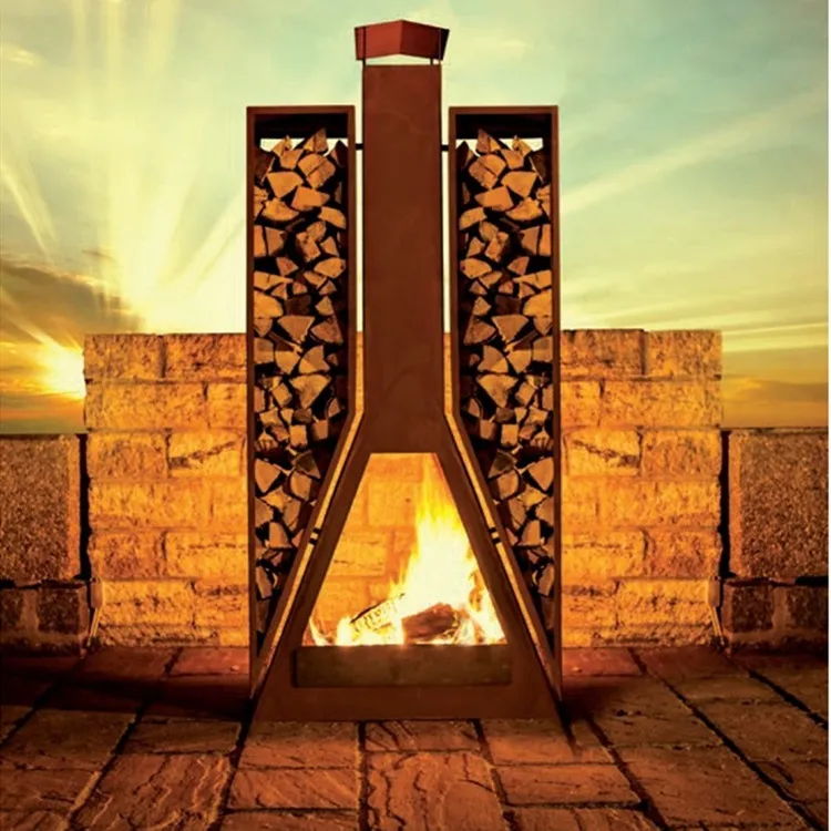 mid century modern outdoor patio triangle corten steel woodburning fireplace garden wood storage fireplace heater with bbq