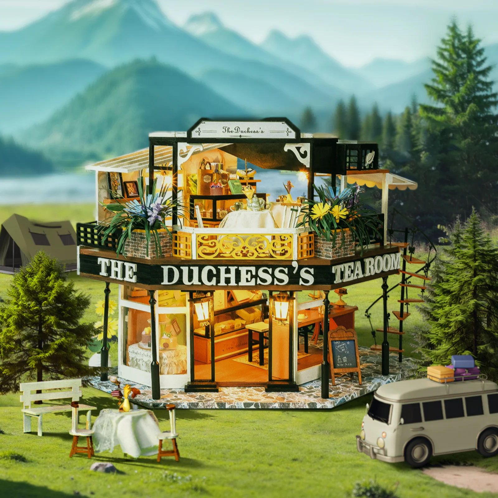 IIECREATE DIY Miniature House The Duchess Tea Room Wooden 3D Factory Toy DIY Miniature House For Gifts