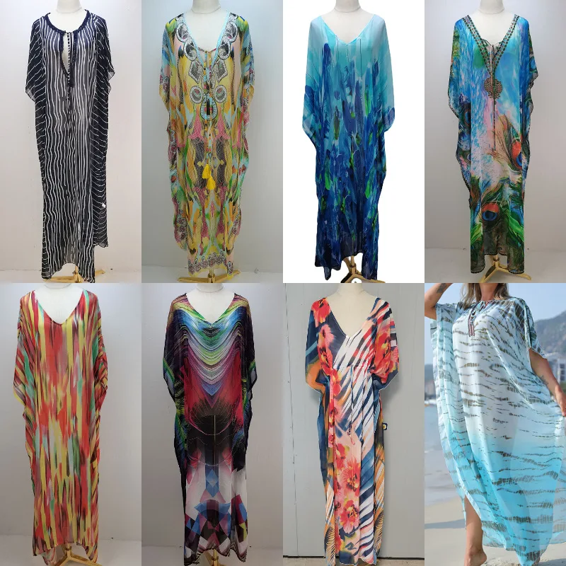 Wholesale Women Plus Size Cover Up Dresses Long Bikini Swimsuit Cover Ups Lingerie Abaya Print Chiffon Beach Cover Up
