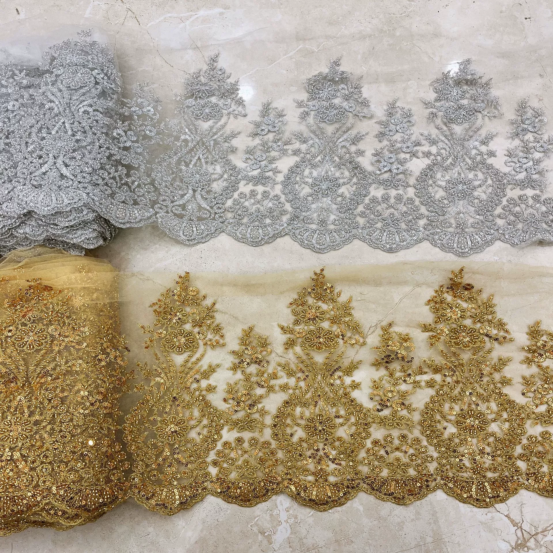 Factory Wholesale bridal fancy Gold Sliver Border Sequins Voile Lace Mesh Lace polyester embroidery Wedding Lace trim