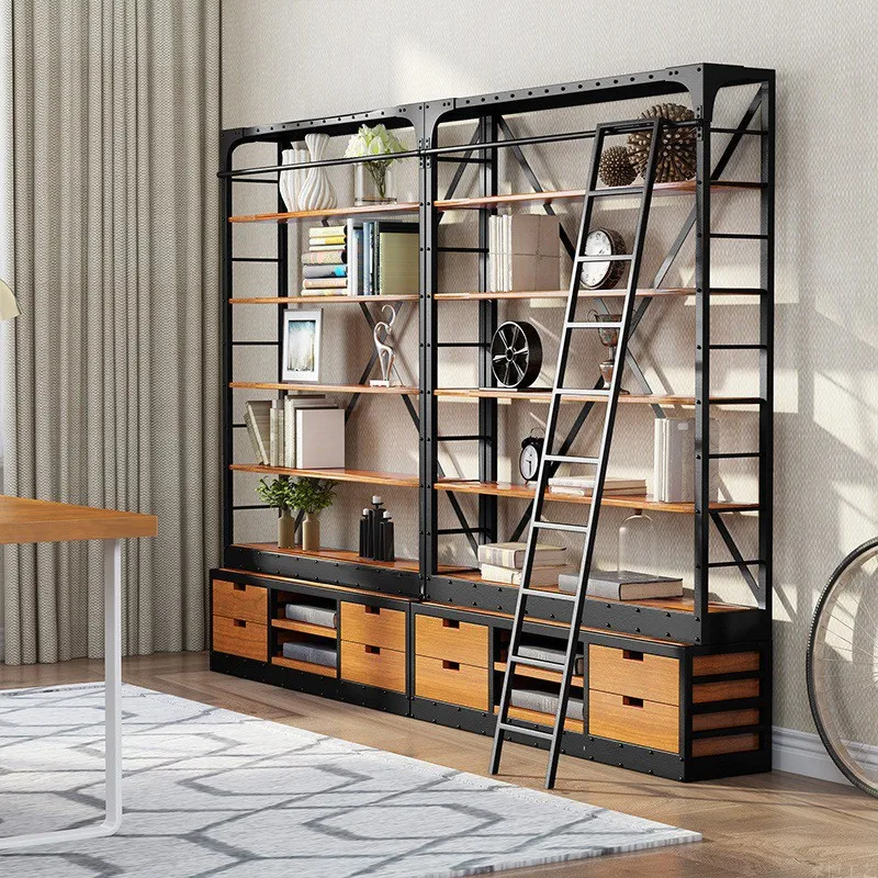 Industrial Library Librero Book Store Tall 5 Tier Display Iron Metal Bookshelf With Ladder