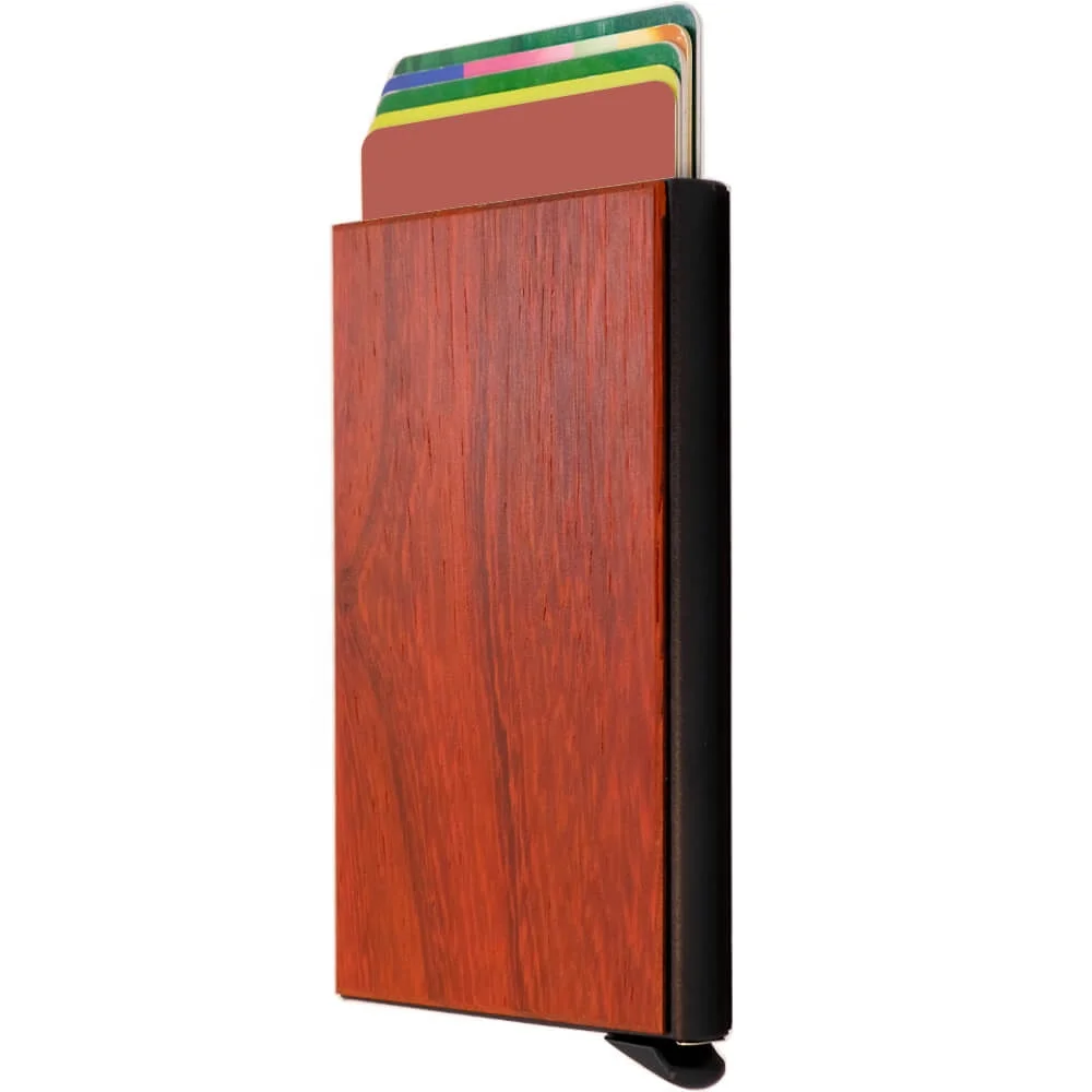 
New RFID Reddish Brown Credit Card Holder Wooden Card Case Slim Metal Mens Card holder Wallet 