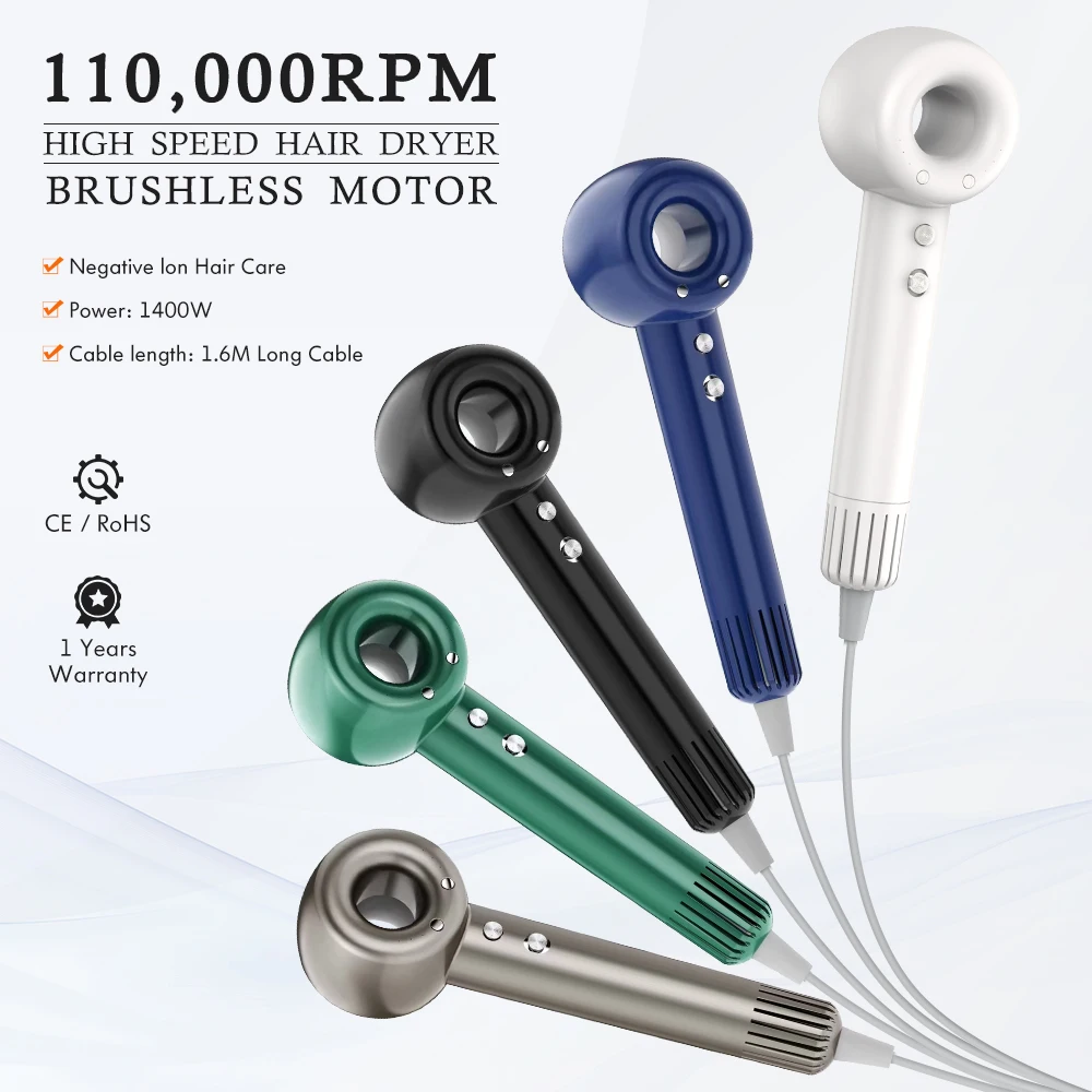110000 RPM High-Speed Brushless Motor Negative Ionic Blow Dryer for Fast Drying Low Noise Hair Dryer with Diffuser and Nozzle
