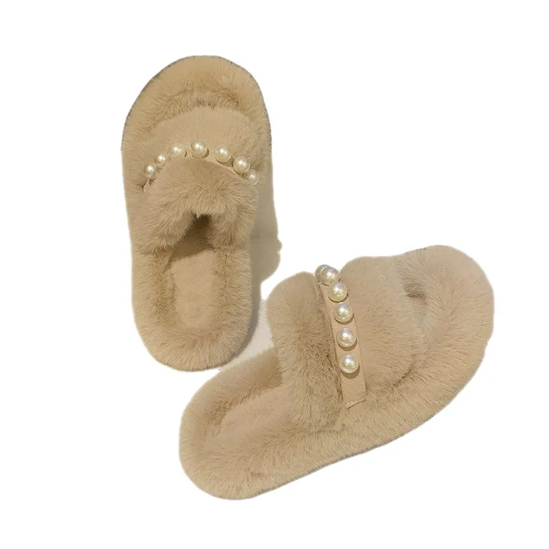 Cotton slippers wool slippers female outer wear net red autumn and winter cute pearl velvet home a word tide