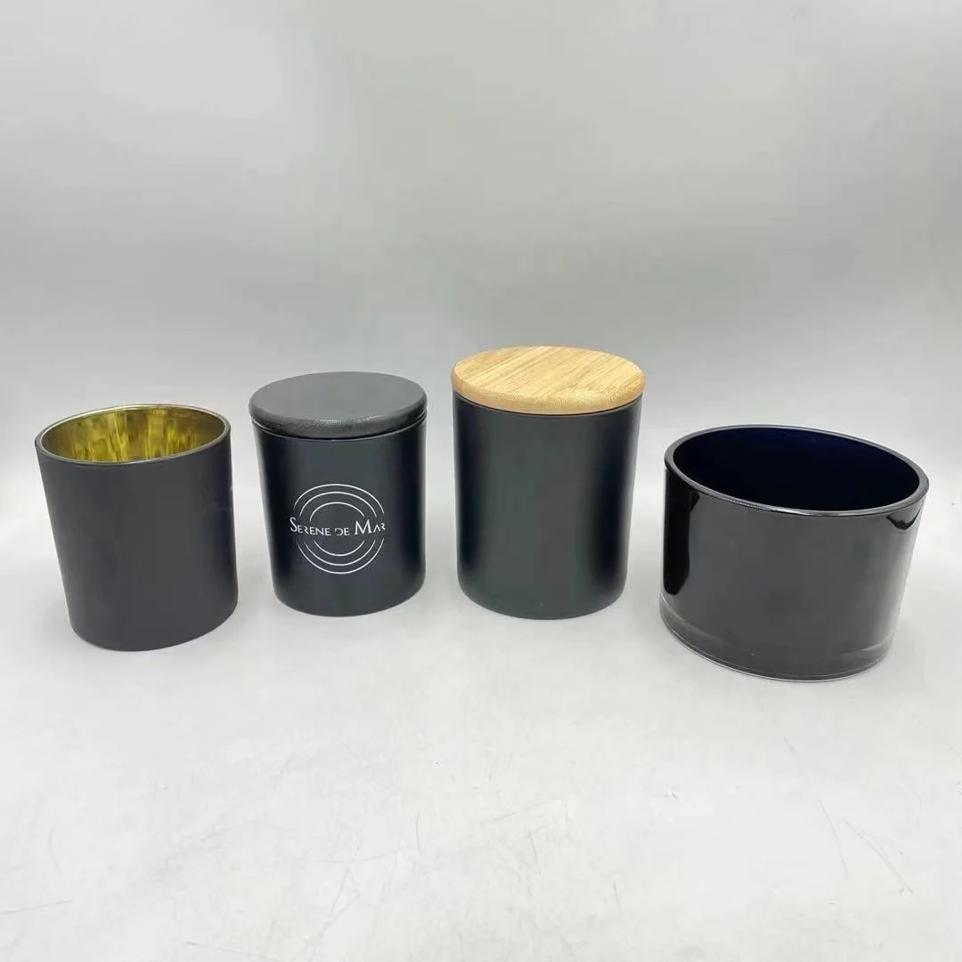 Ready to Ship Luxury 8oz 10oz Flat Bottom Round Black Matte Candle Vessels Container Jars Gold Electroplated Inside with Lids