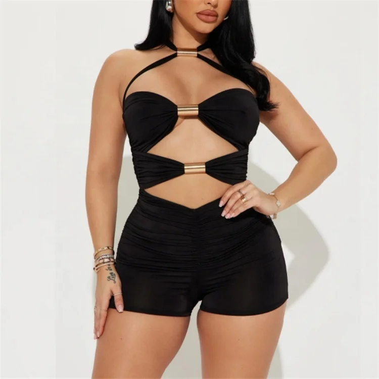 Sexy Metal Ring Hollow Out Bodycon Rompers Womens Jumpsuit Night Club Outfits Skinny  One Piece Overalls