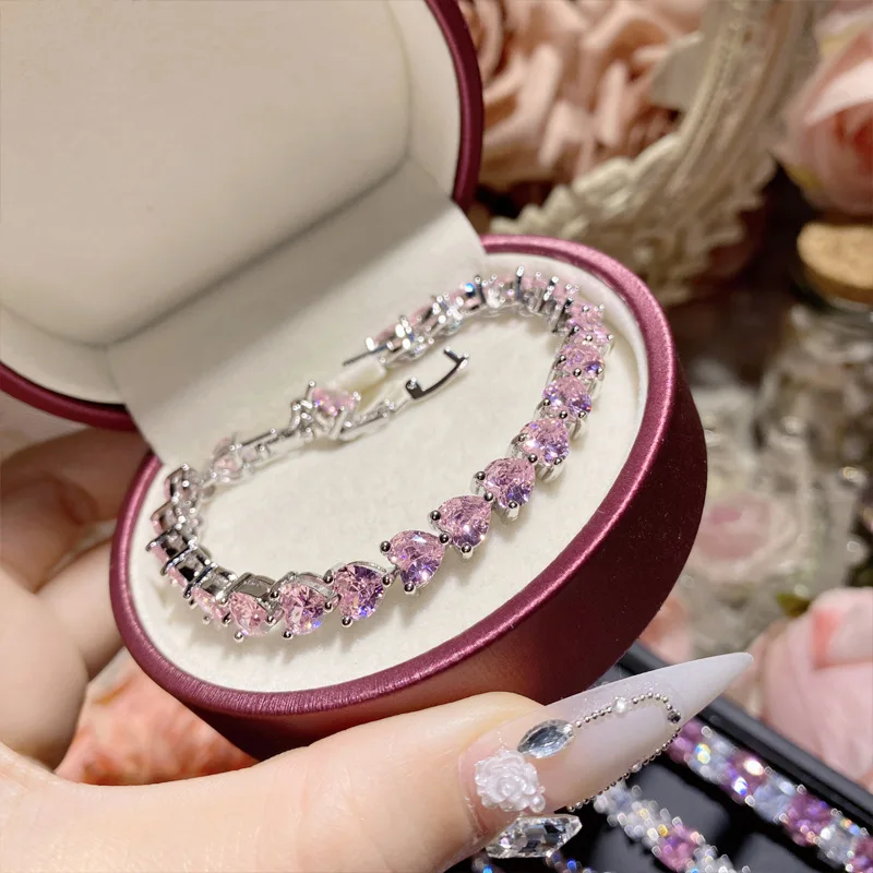 Factory wholesale pink zircon geometric petal bracelet 18K gold plated back cover exquisite hand jewelry for women
