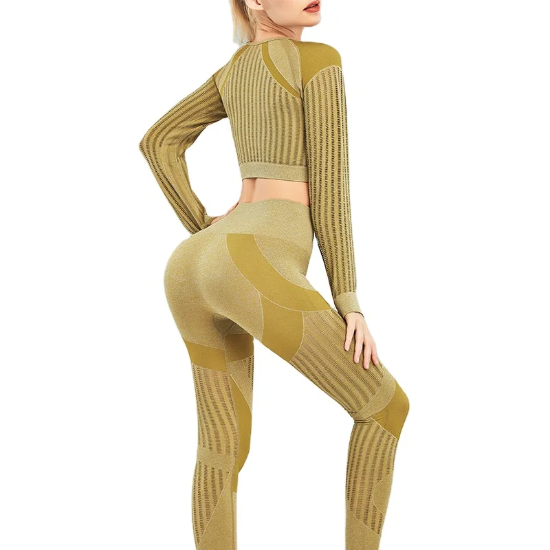 Women maturely Wears Compression Leggings long sleeve crop top Mesh insert laser cut hole breathable Fitness Seamless Yoga Set