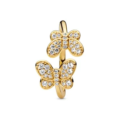 925 Sterling Silver CZ Butterfly Open Ring Gold Clear Cubic Zirconia Adjustable Rings Fit Pando Jewelry For