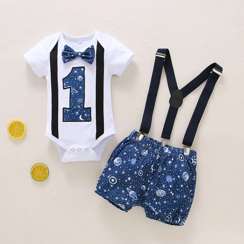 Wholesale Baby Boy First Birthday Outfit Costume 1st birthday outfit boy Gentleman Tie Romper+Shorts babies clothing boys girls