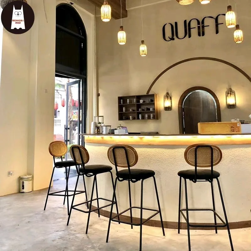Nordic style bar chairs Modern Rattan dining chair bar stool high chair High Bar Stool For Kitchen  With Beech metal Legs
