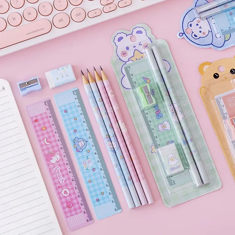 2024 Hot Sale Five Piece Stationery Set Children Birthday Gift Cute Kawaii Set Wholesale Ruler Rubber Pencil Sharpener