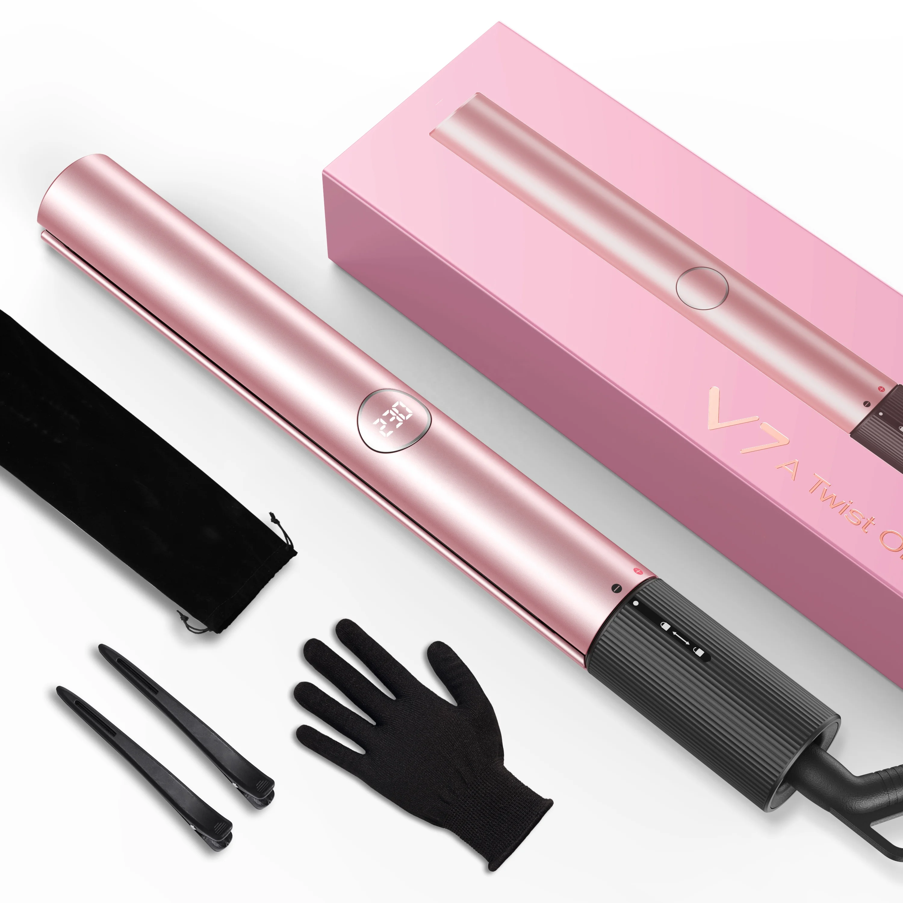 V7 Rose Gold US Plug 2 In 1 Hair Straightener Curler Curling Flat Iron