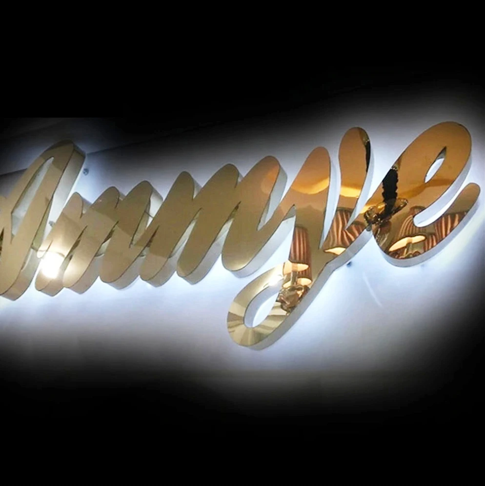 Custom Outdoor Restaurant Names And Logo Light Up Letters 3D Gold Stainless Steel Channel Letter Sign