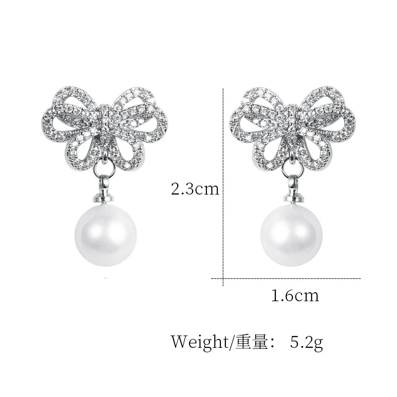 High Quality Rhodium Plated Shell Pearl and Cubic Zirconia CZ Crystal Pave Cute Bow Drop Earring